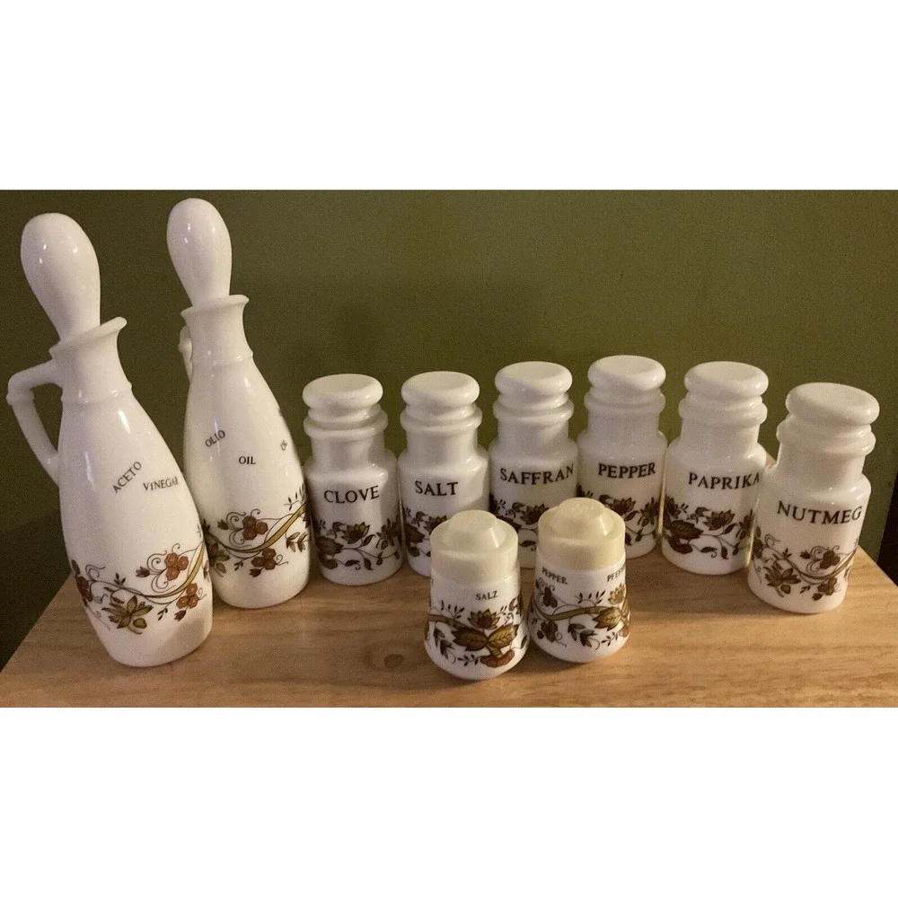 Vintage 10 Piece Milk Glass Cruets, Salt And Pepper Shakers And Spice Jars